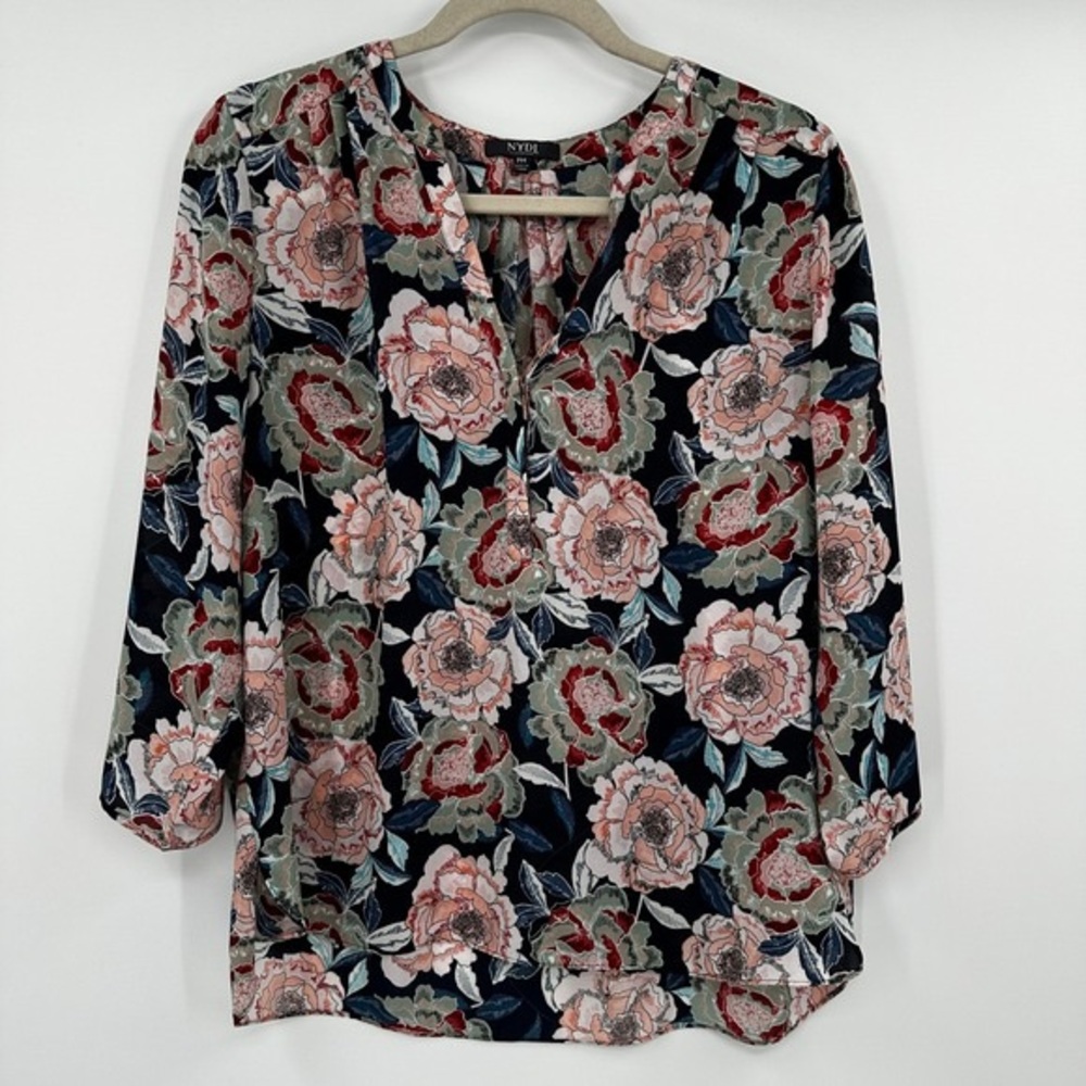 NYDJ Navy Floral Split-Neck Blouse with Pink & Green Blooms